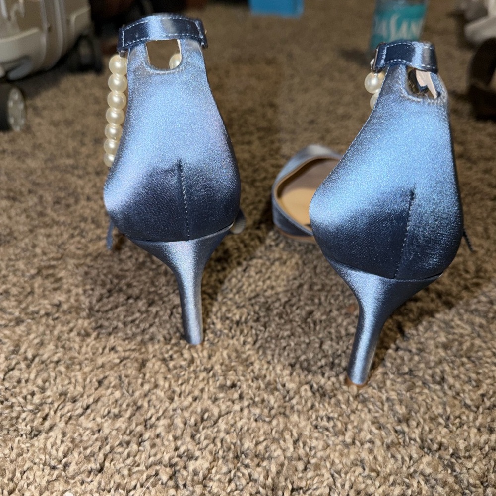 Stuart Weitzman Blue Satin Heels with Pearl Detail - Picture 3 of 4